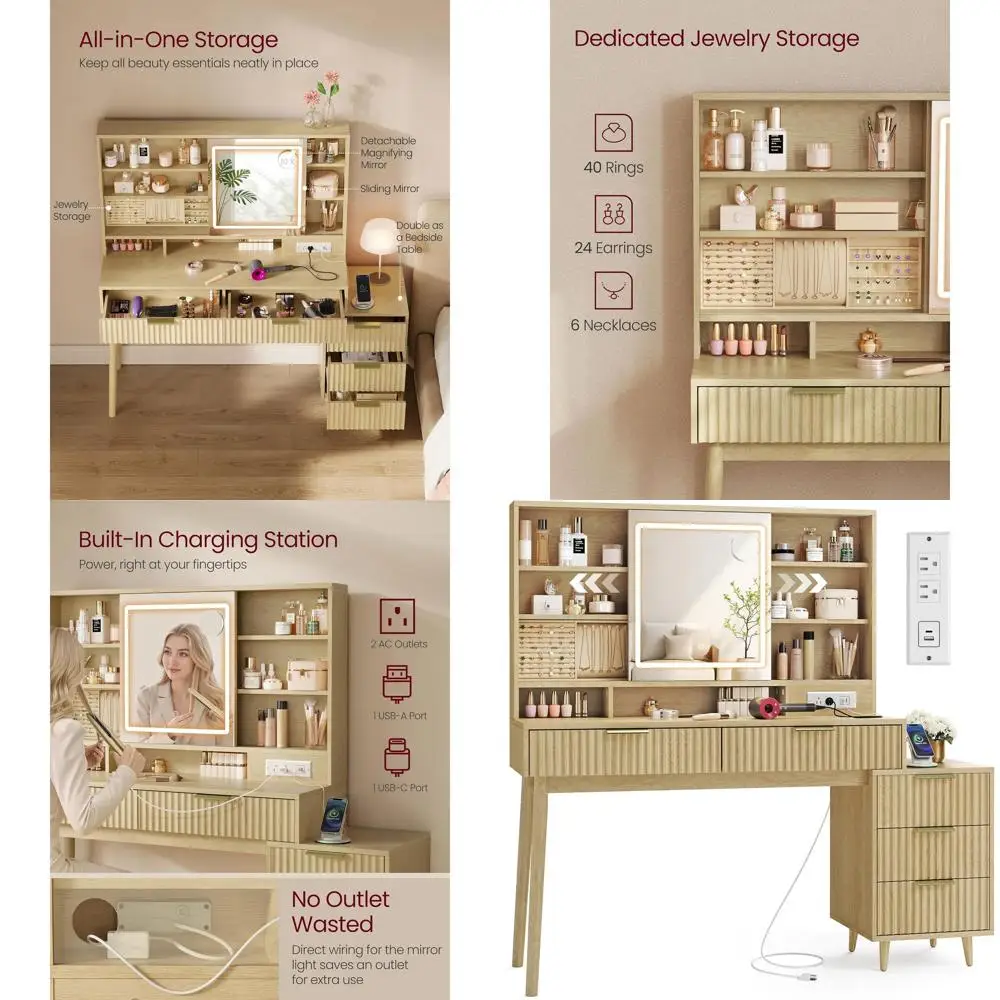 Modern Oak Beige Vanity Desk with Sliding Mirror, 10x Magnification, Lighting, Charging & Storage