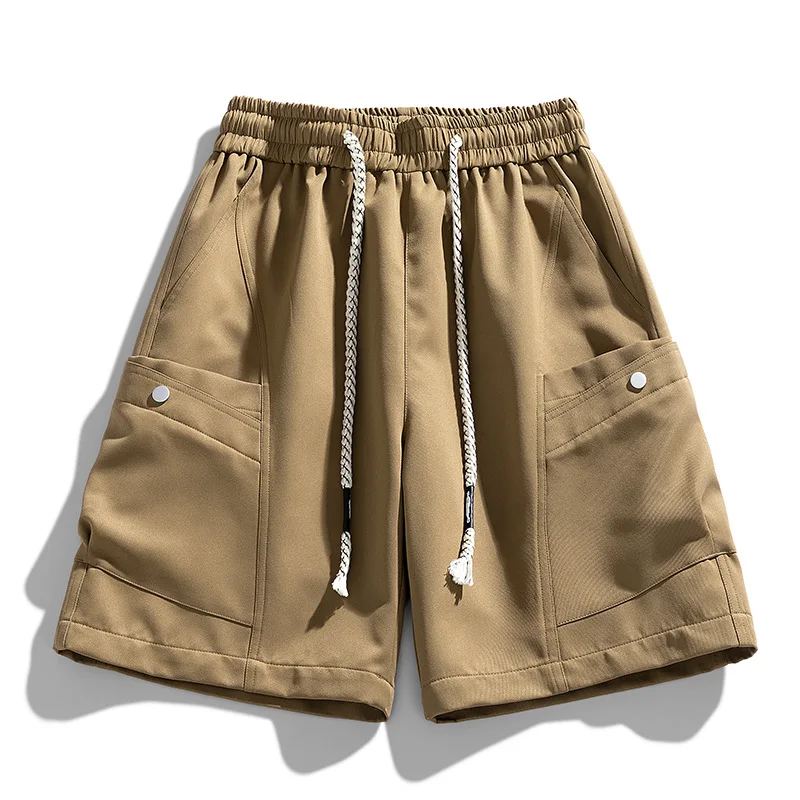 

2025 Men's Shorts Summer Drawstring Elastic Waist Solid Color Casual Pants Trendy Streetwear Pockets Decorate Cargo Shorts