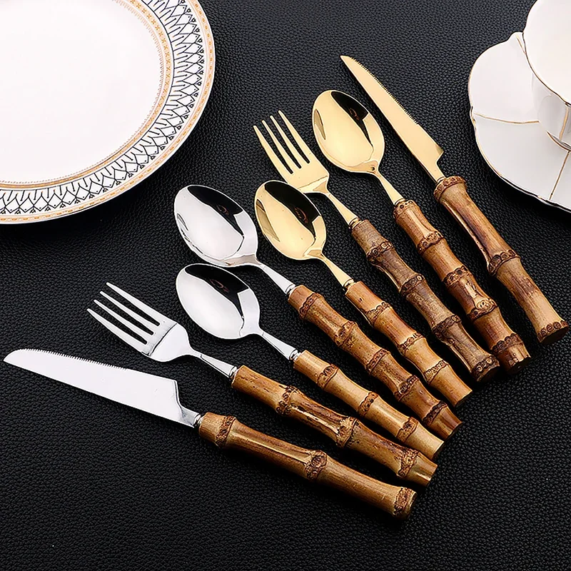 24Pcs Tableware Sets Stainless Steel Bamboo Cutlery SetPurely Natural Bamboo Handle Flatware Set Dinnerware Steak Knife Cutlery