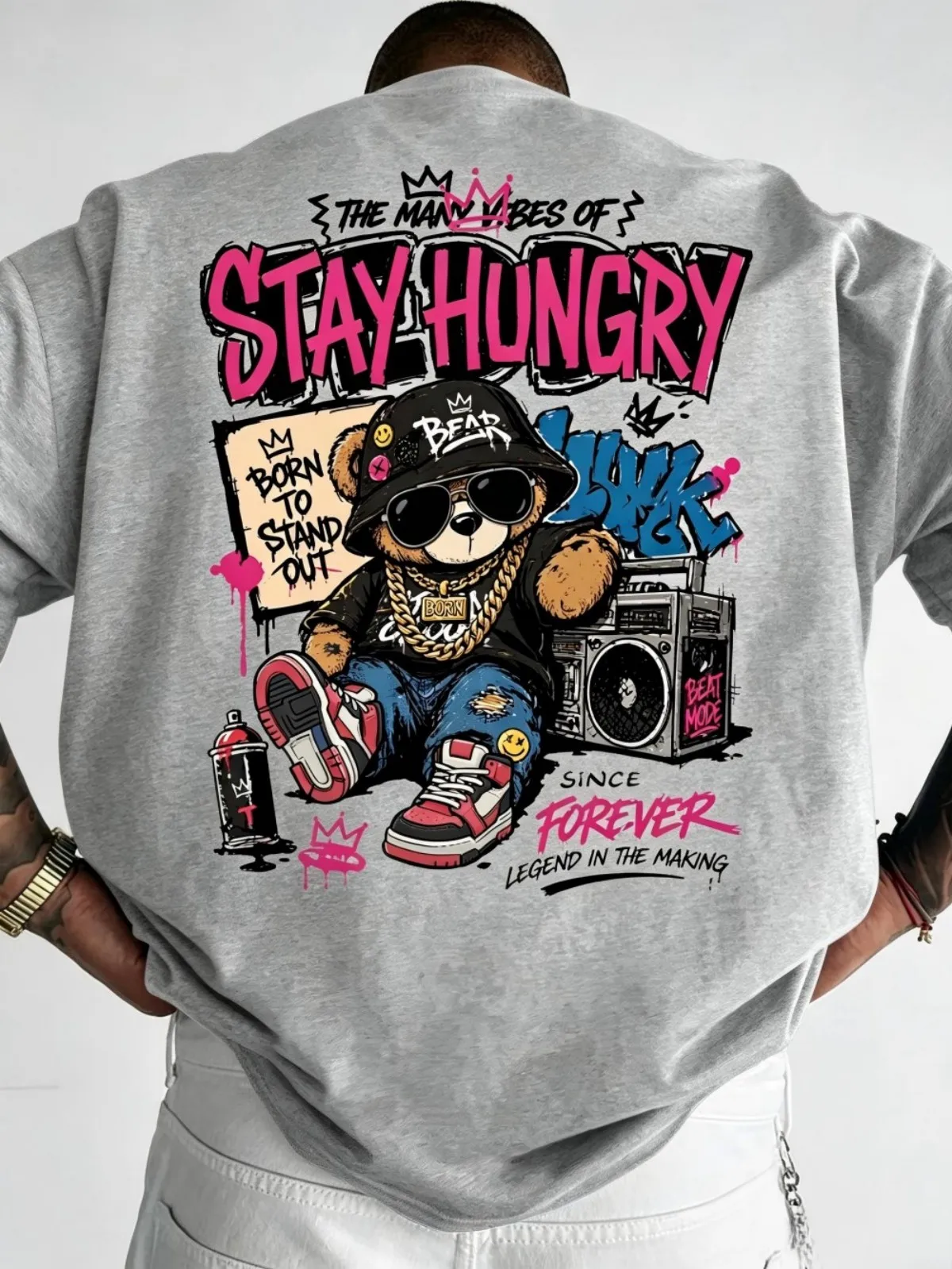 American men's summer music teddy bear letter graffiti print micro elastic breathable round neck T-shirt outdoor street top