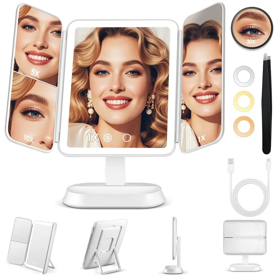 Mirror with Lights, Lighted Makeup Mirror with 30X 10X 5X Magnification, Rechargeable Trifold Mirror with 3 Color amp Adjustable