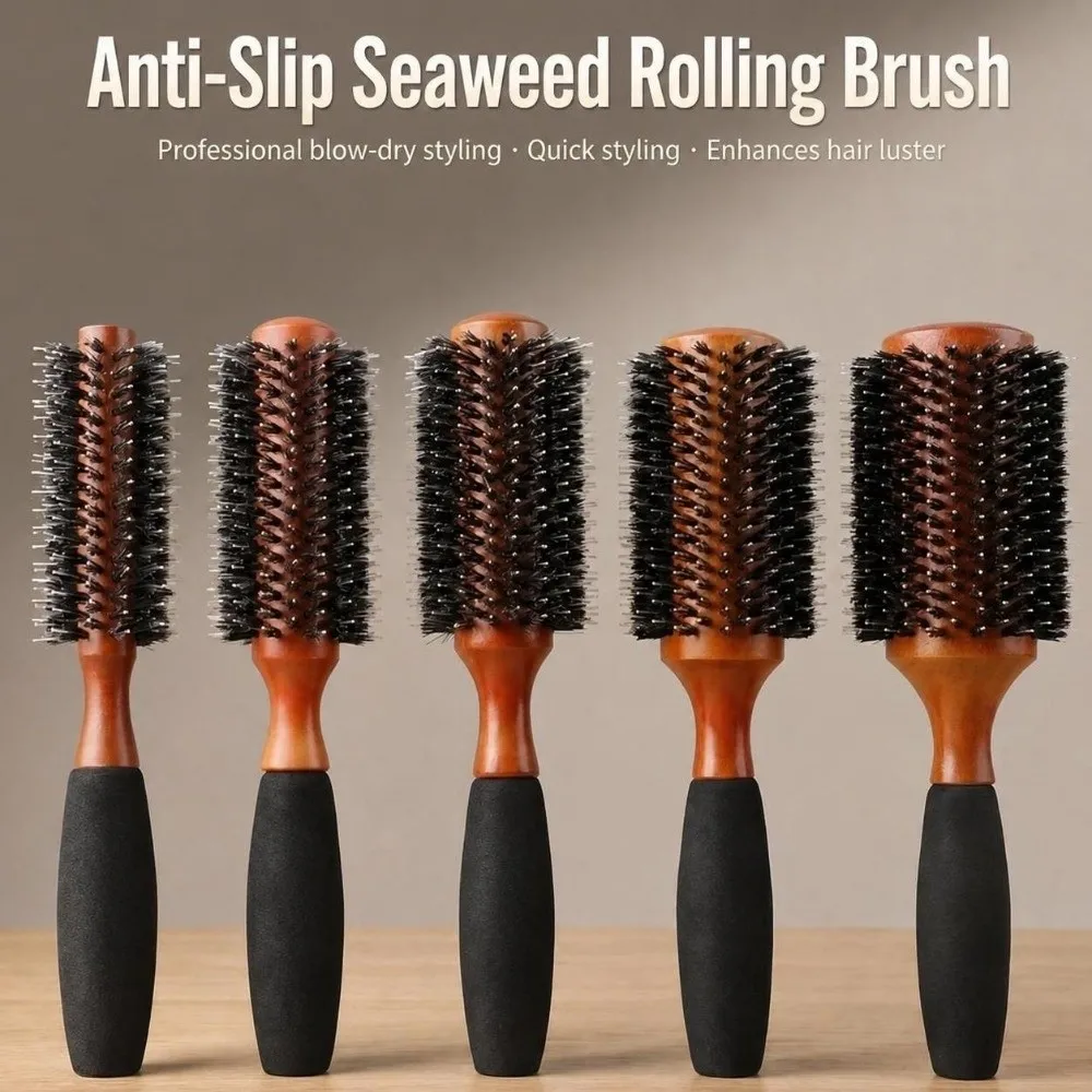High Quality Wooden Handle Boar Bristle Brush Anti Slip Grip 5 Sizes Round Hair Brush Curling Design Hair Comb Salon Use