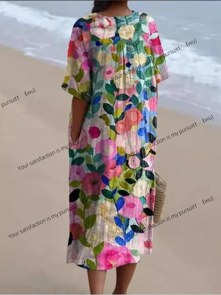 ZOCI - a loose print women's dress with an elegant V-neck short-sleeved suit, perfect for beach parties and vacations