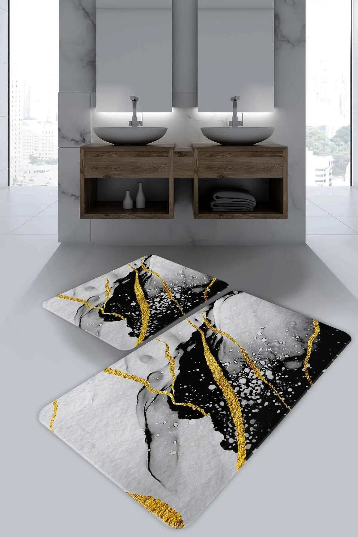 Black Yellow Mixed Pattern Bath Mat Bathroom Carpet Material Batroom Floor Non-Slip Decoration Textile Set Toilet