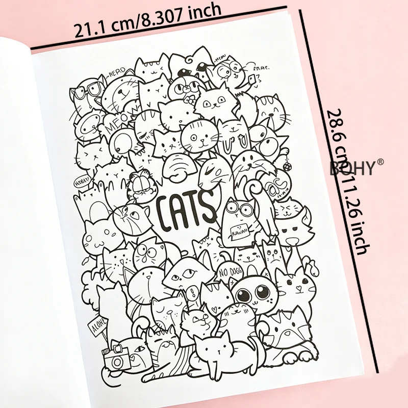 1 Large-sized Dense Graffiti Line Drawing and Coloring Brochure, with Cat Groups, Trendy Monsters, Healing Food and Other Themes