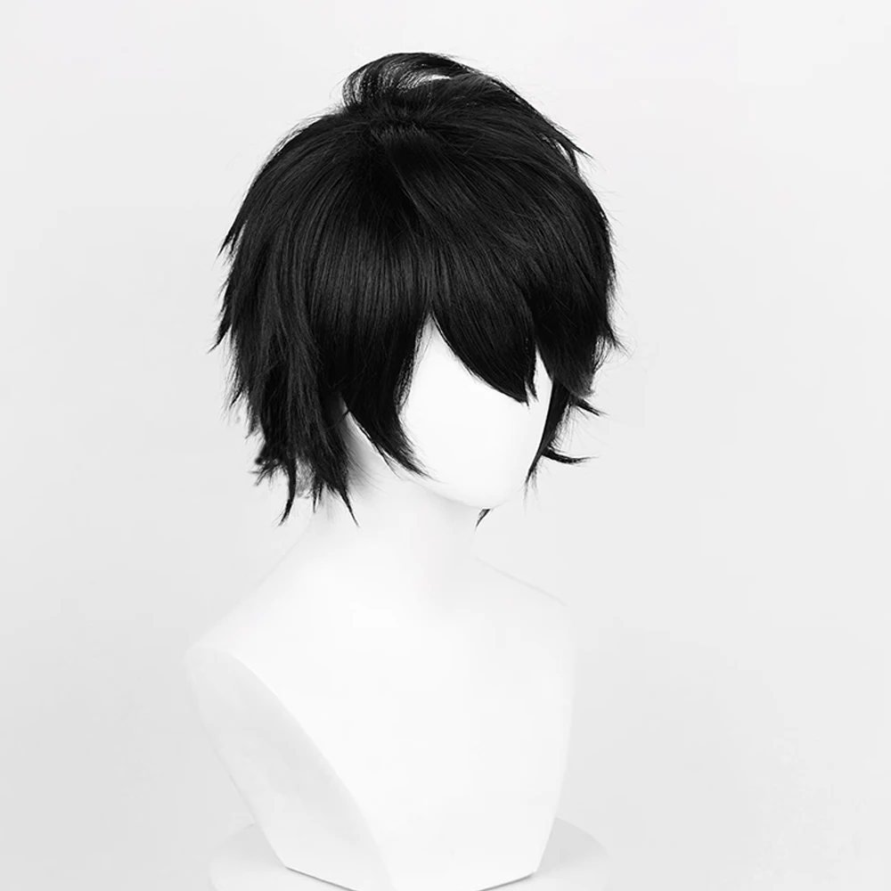 RANYU Black Synthetic Short Straight Wig Men and Women Anime Cosplay Hair Heat Resistant Wig for Party