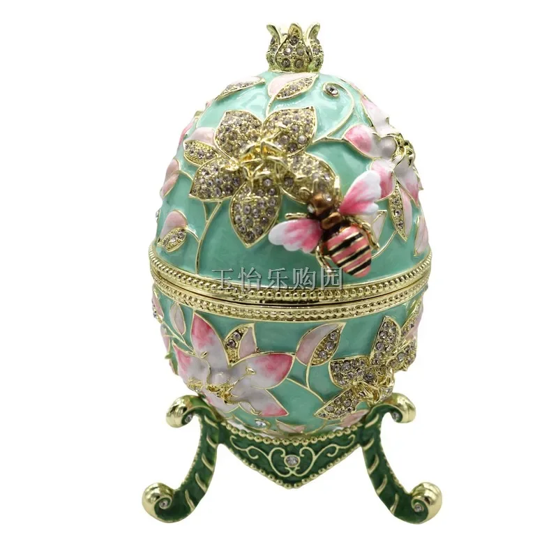 Faberge Egg Style Hand Painted Enameled Easter Egg Trinket Box big light green bee egg Decorative with Hinged Home Decoration