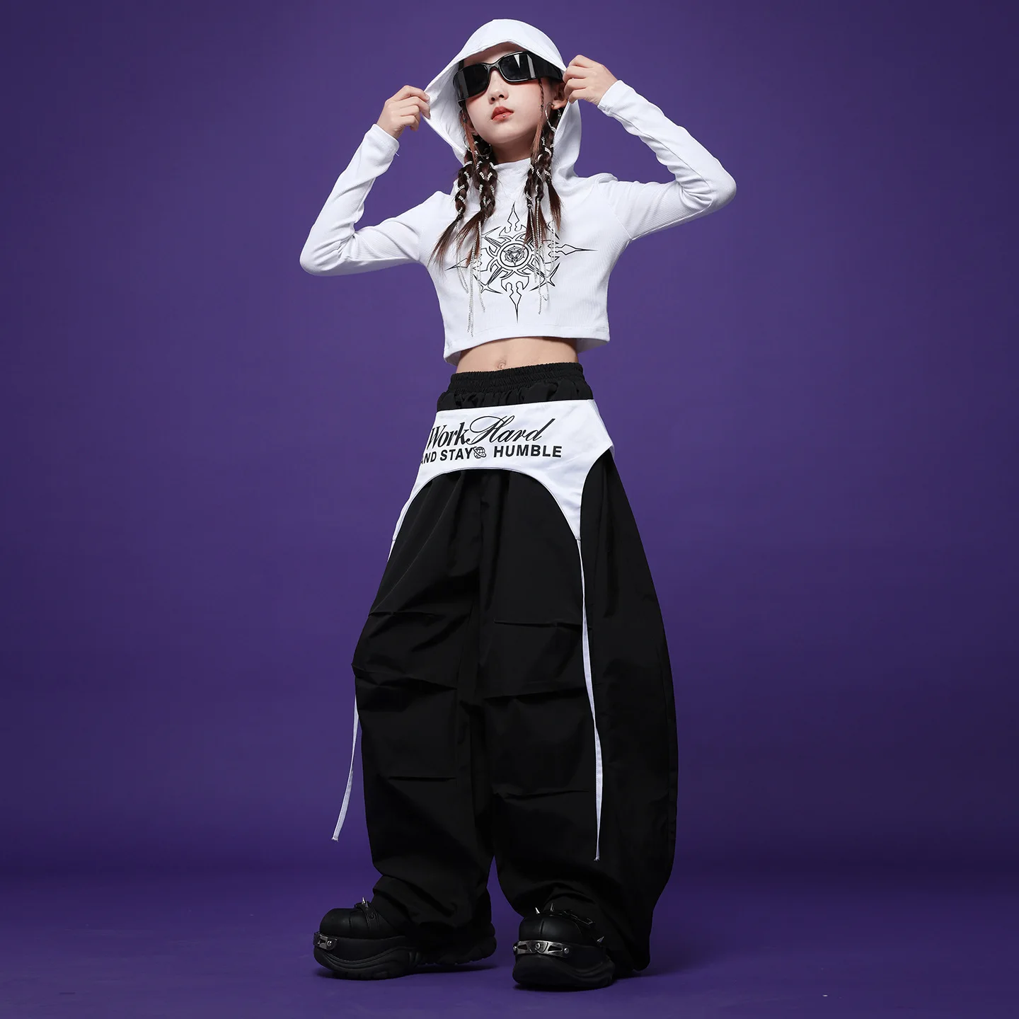 Kid Kpop Abbigliamento Hip Hop Nero Grigio Crop Felpa con cappuccio T Shirt Casual Pantaloni larghi da paracadute per ragazza Ragazzo Costumi di danza di strada Vestiti
