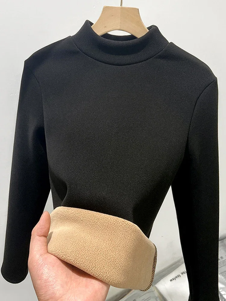 Winter Thicken Solid Color Half Turtleneck Tops Women Plush Velvet Lined Warm T Shirt Long Sleeve Bottom Blusas Fleece Clothes