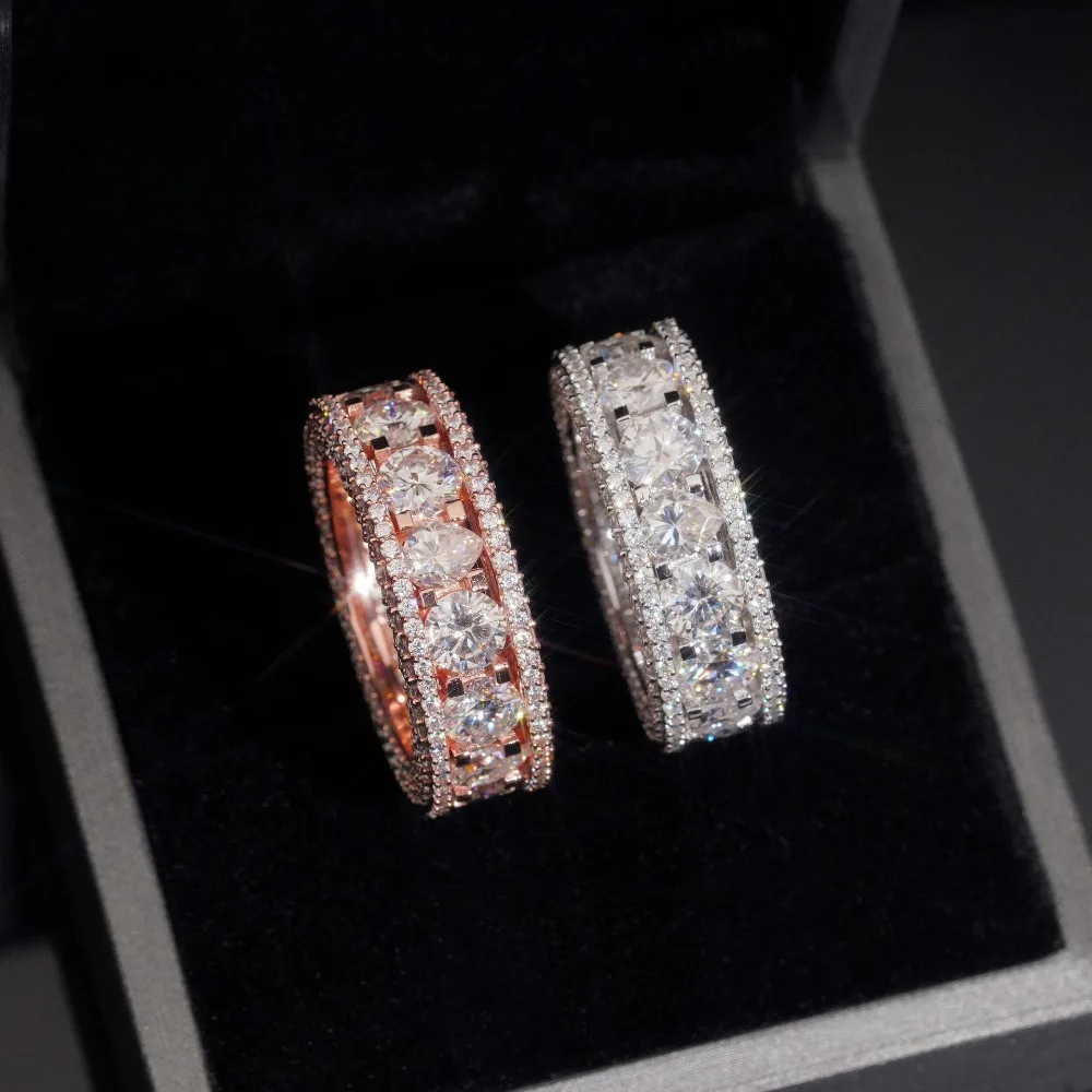 Hiphop Iced Out D Color Moissanite Eternity Ring Wedding Band 925 Sterling Silver Party Rings Rose Gold Pass Dianmond Tester