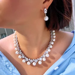 CWWZircons Gorgeous Cubic Zirconia Stone Big Pearl Choker Necklace Earrings Set for Women Wedding Bridal Costume Jewelry T306