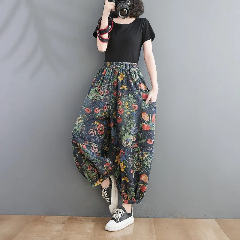 

Wide Leg Harem Floral Jeans Women New Fashion Ladies Vintage Denim Pants Female Street Style Oversized High Waist Trousers 2023