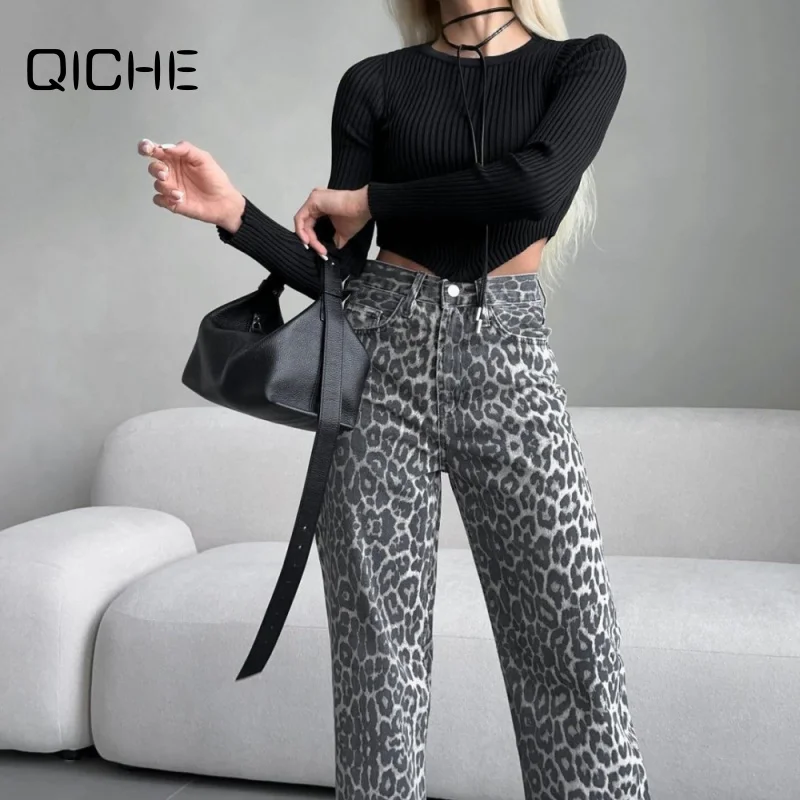 QICHE Women 2026 Spring‑Autumn Casual Pants High‑Waist Silhouette Grey Leopard Print Narrow Straight‑Leg Cut For Petite Body