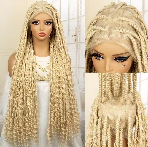 Blonde Synthetic Knotless Box Braided Wigs Full Lace Boho Braids Wig with Baby Hair for Black Women Lace Frontal Wig