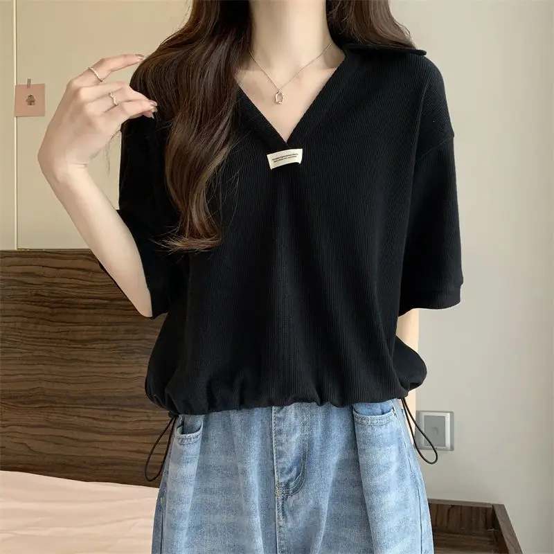 Women Summer Simplicity Loose Solid Color V-neck Short Sleeve T-Shirt Women Clothes Casual All-match Appear Thin Trend Top Tee