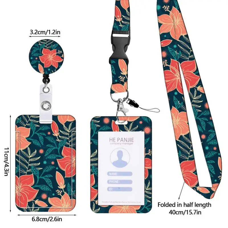 Identity Card Holder Flower Print Card Sleeve With Retractable Reel Belt Clip Badge Sleeve With Lanyard For Driver's Licenses