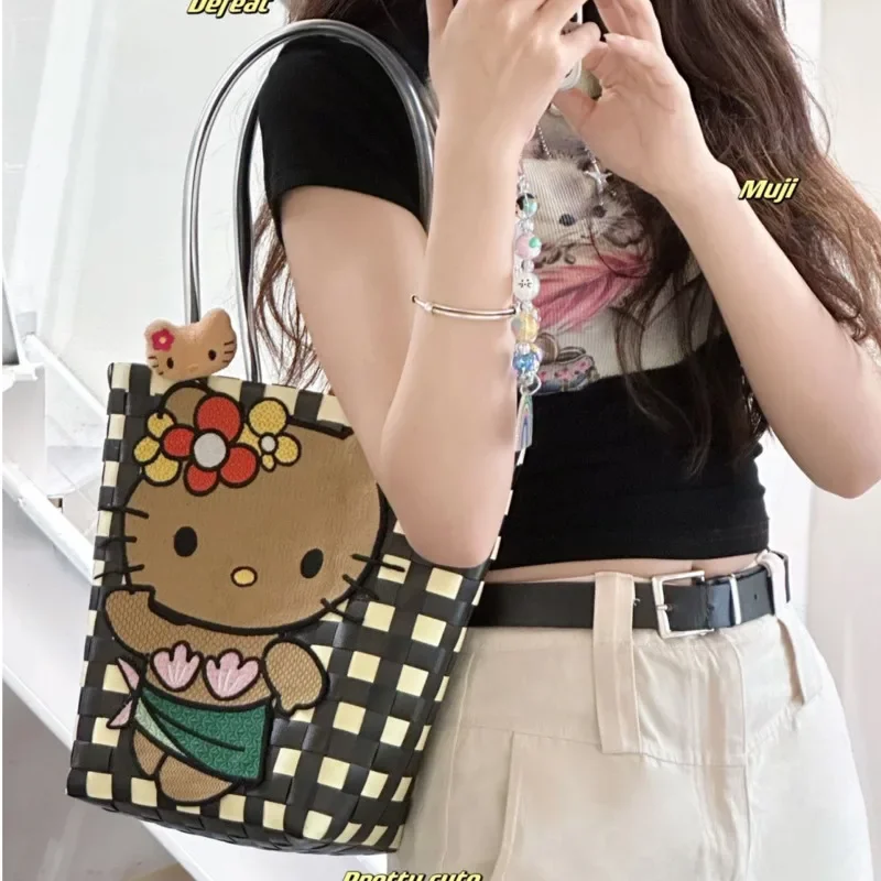 Sanrio Hello Kitty Woven Basket Bag Cute Embroidery PVC Handbags High Capacity Shoulder Tote Bags Beach Vacation Bags For Women