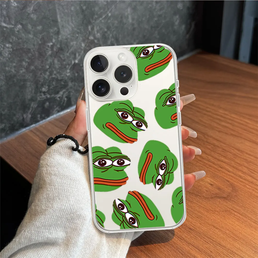 Sad P-Pepe Frog Funny Phone Case for iPhone 11 12 13 14 15 16 Max Pro Plus Transparent Soft Shell