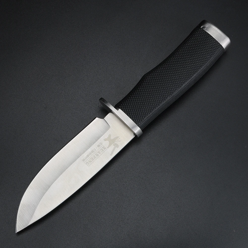Cuchillo de hoja fija con mango de goma, cuchillo de caza de alta dureza, herramienta EDC multifuncional para acampar