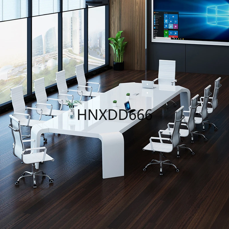 

White painted steel and wood conference table, simple modern fashion negotiation training strip table