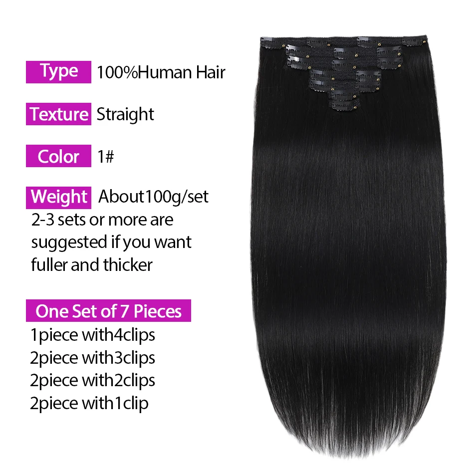 100G Clip In Hair Extensions Human Hair 7 Pieces Bone Straight Clip Ins Hair Extension  Real Natural European Hair 18