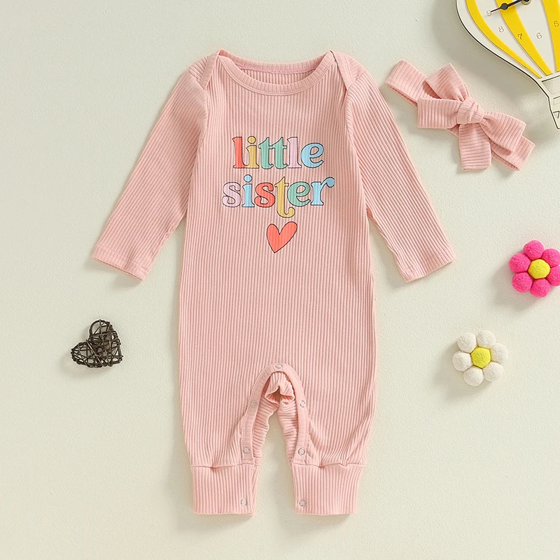 Little Sister Newborn Outfit Fall Clothes Letters Long Sleeve Ribbed Romper 1Piece Jumpsuit Preemie Girl Clothes