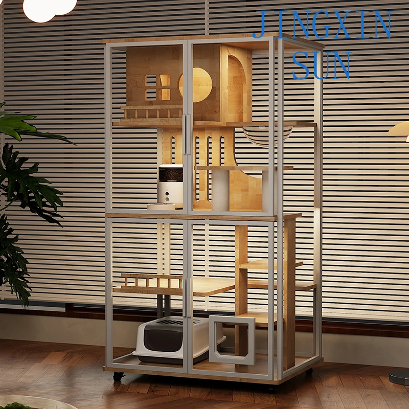 White panoramic cat villa can put automatic cat litter box 360 transparent cage ultra-white glass cabinet indoor