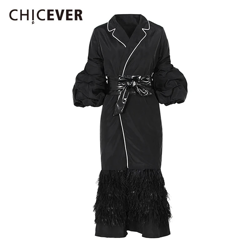 

CHICEVER Colorblock Long Coats For Women Lapel Long Sleeve High Waist Solid Patchwork Feather Slim Coats Female Clothing Style