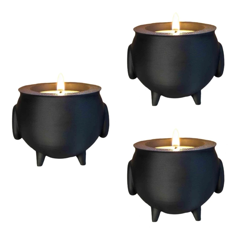 Cauldron Tea Light Holder Halloween Spooky 3D Printed Black Witch Jar Candle Holder Festival Partys Desktop Decoration