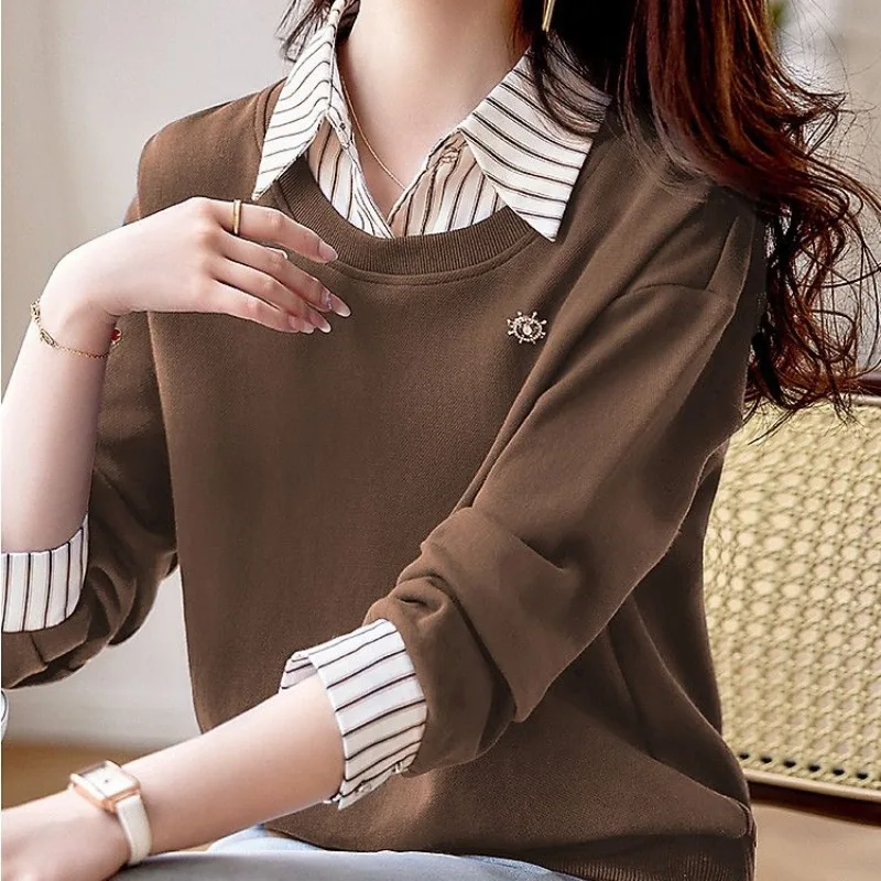 Women\'sspring Autumn Striped Patchwork Pullover Turn-down Collar Solid Rivet Button Long Sleeve T-shirt Hoodies Sports Tops