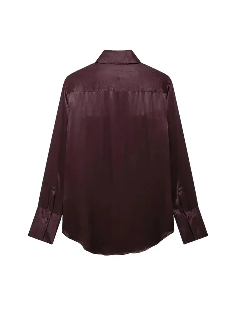 Satin Shirts with Pockets for Women, Long Sleeve, Button-up, Female Blouses, Chic Tops, Fashion