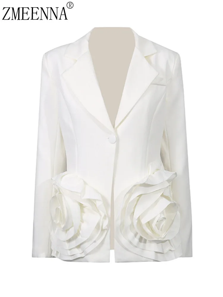 

ZMEENNA женский элегантный белый пиджак на одной пуговице с цветочным принтом и рюшами и карманами, верхняя одежда с длинными рукавами ZM4241