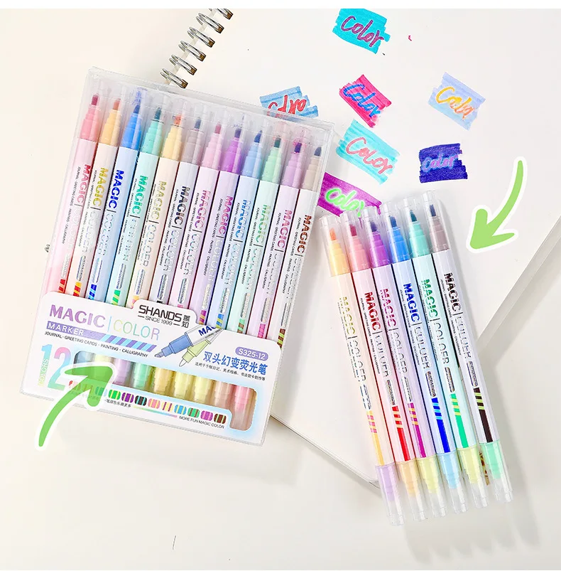 

12Pcs Double Tips Magic Highlighter Pen Markers,Fast Dry, Drawing Pen for Student School Office Supplies Cute Stationery