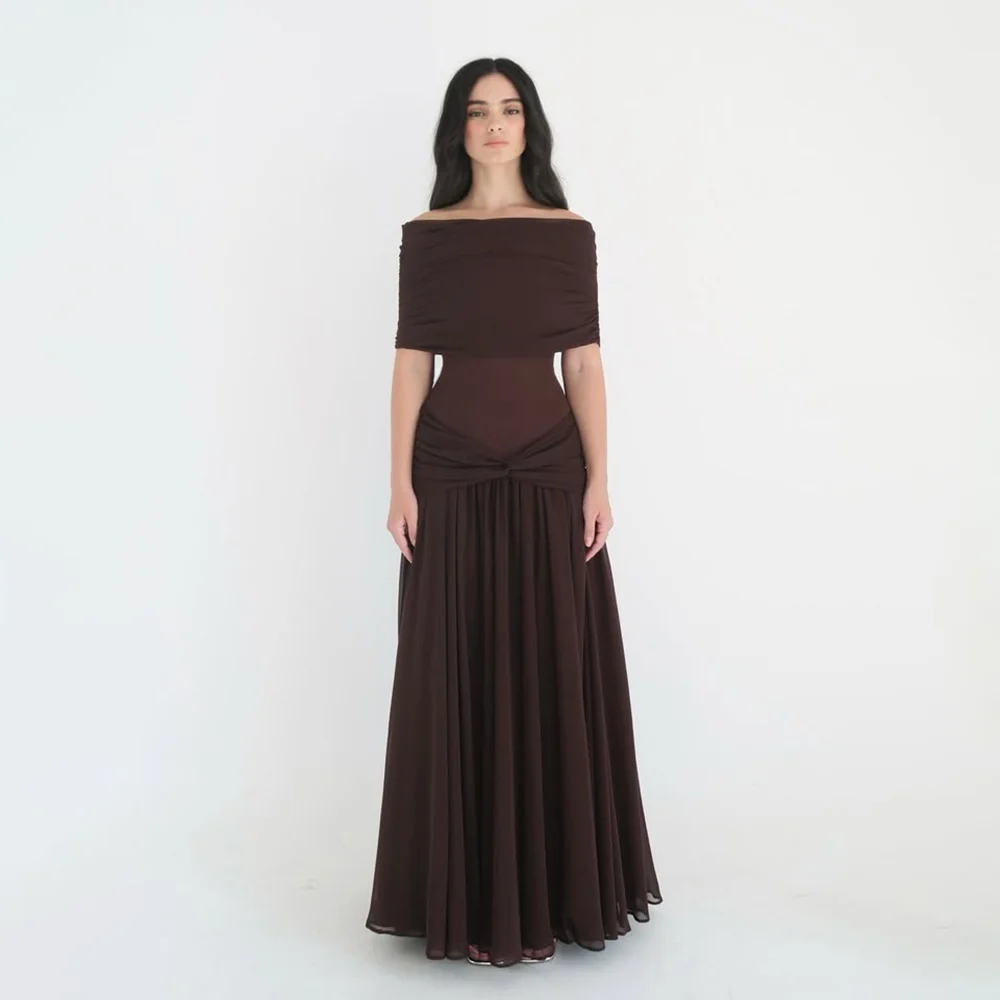 

Brown Evening Dress for Women Boat Neck A Line Pleated Elegant Chiffon Prom Gowns Long Formal Party Dresses Customized