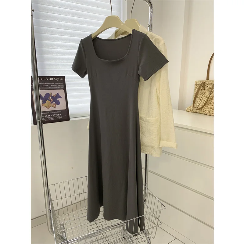 Robe longue française à col carré pour femmes, coupe cintrée, amincissante, en coton, jupe t-shirt à manches courtes, été