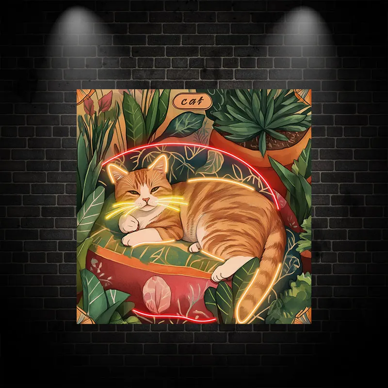 Cat in Tropical Plants Neon Art, Cute & Relaxing Wall Decor for Home, Office & Garden, Perfect Gift for Cat Lovers & Nature Fans