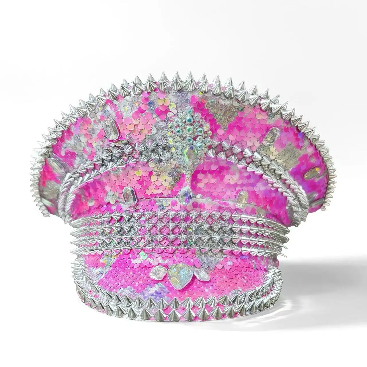 HongLuan Yellow Laser Leather Loop Captain Hat Rhinestone & Military Caps for Woman, Rave Festivals Accessories ＆ Party Cap Man