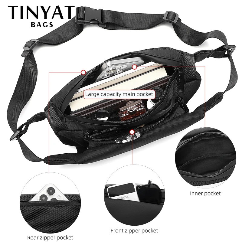 TINYAT-Sac banane noir étanche pour homme, sacoche de moto, sac de poitrine pour la pêche, le sport et la course, design 2024