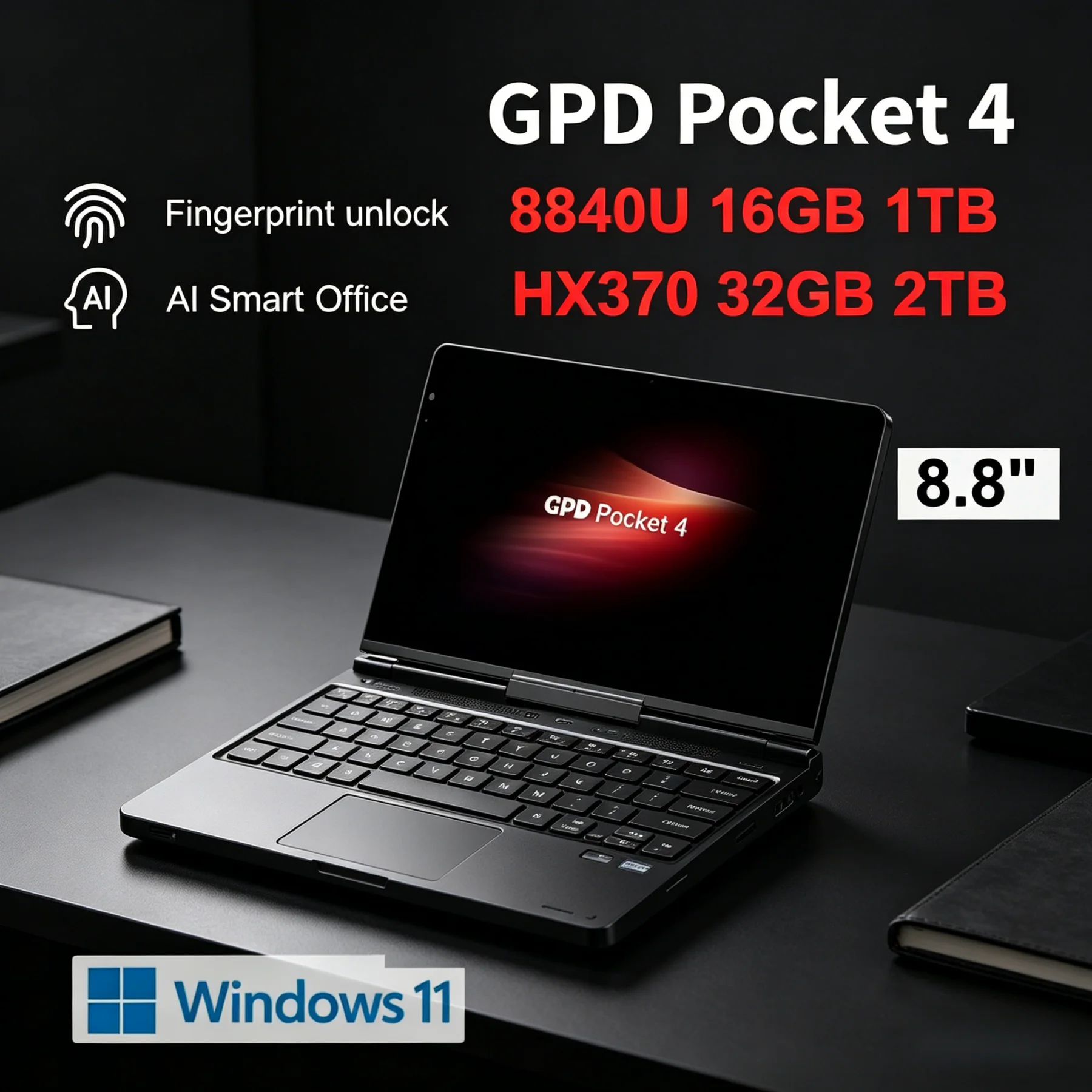 손바닥 크기 GPD Pocket4 2026 최신 AMD AI 9 HX 370/8840U 64GB 2TB NVMe 8.8인치 144Hz 2in1 노트북 태블릿
