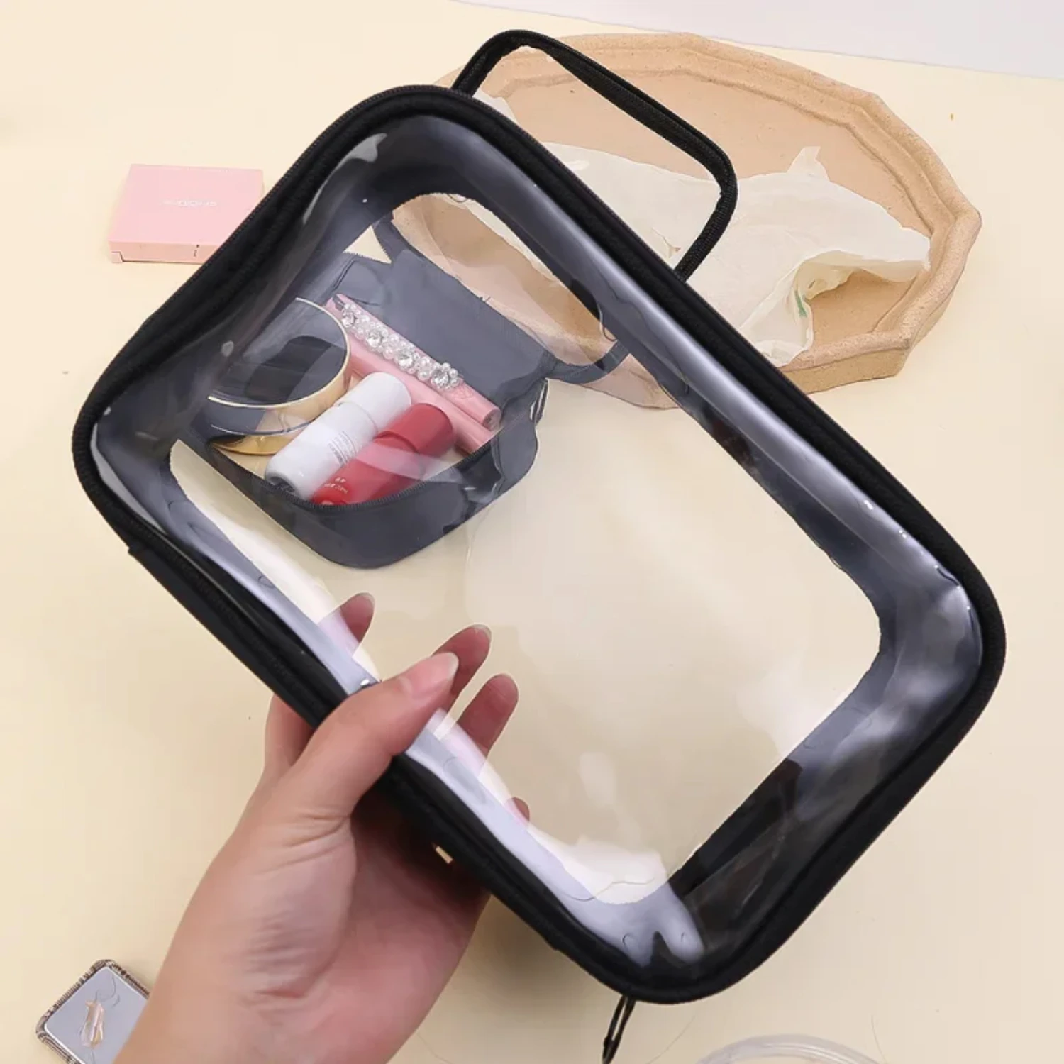 Black Clear Transparent Cosmetic Makeup Bags Organizer Case for Girls, Lady's Travel Bath Wash Zipper Make Bag