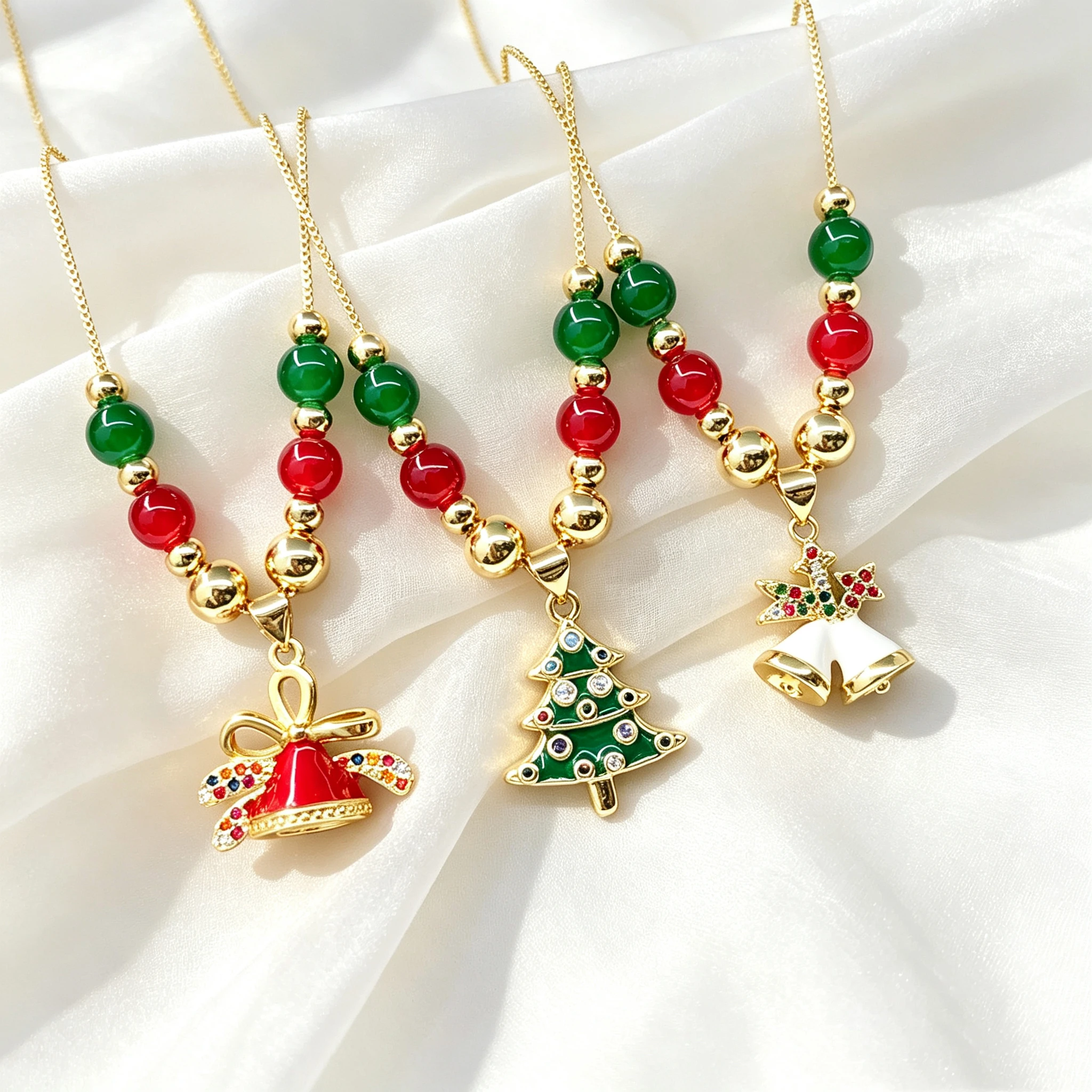 Red Green Beaded Chain Christmas Tree Stocking Reindeer Enamel Necklace for Charming Women Holiday Bell Neck Zircon Jewelry Gift