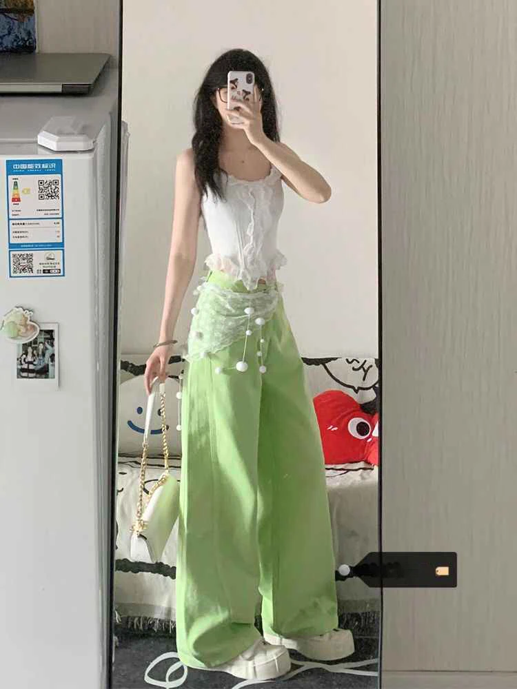 

Большие джинсы Apple Green, женские весенне-летние новые свободные прямые широкие брюки с высокой талией, модные нишевые дизайнерские джинсовые брюки