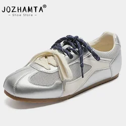 JOZHAMTA Size 35-39 Women Casual Flats Sneakers Real Leather Breath Mesh Low Heels Shoes 2025 Fall Fashion Tennis Athletic Shoes