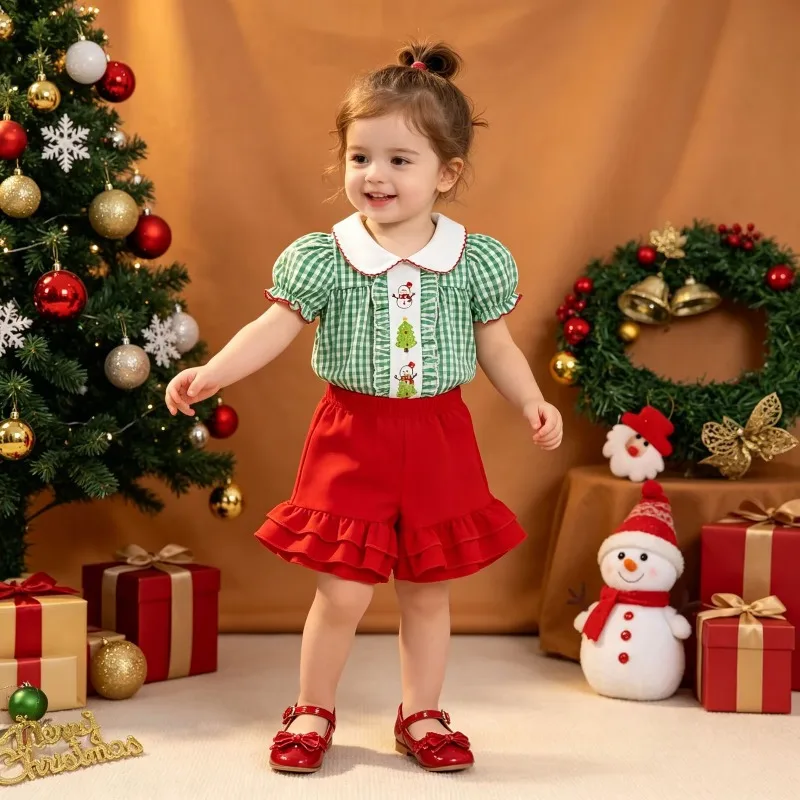 Newborn Toddler Baby Girl Christmas Outfit Green Gingham Puff Sleeve Shirt White Collar Embroidered Red Ruffled Shorts Set 0 24M