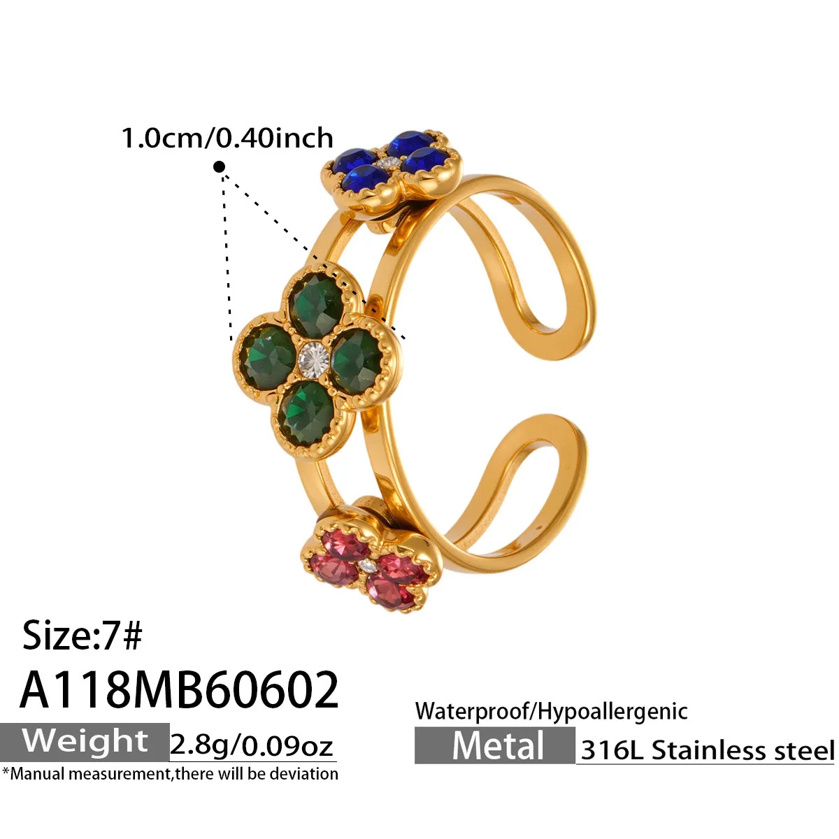 316L Edelstahlring 18K Vergoldet Farbige Blume Zirkon Glücksbringer Vierblättriges Kleeblatt Offener Ring Trendiger Modeschmuck für Damen – Detail 8