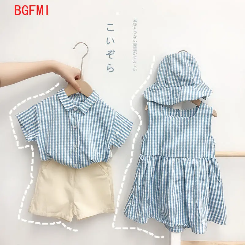 Brother and Sister outfit 2023 new Kid Children Plaid Summer Clothes Baby Boy short sleeve shirt + Shorts suit Baby Girl Dress