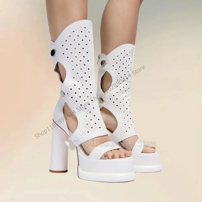 

White Hollow Design Open Toe Platform Sandals Boots Back Zipper Women Shoes Chunky High Heels Fashion 2025 Zapatos Para Mujere