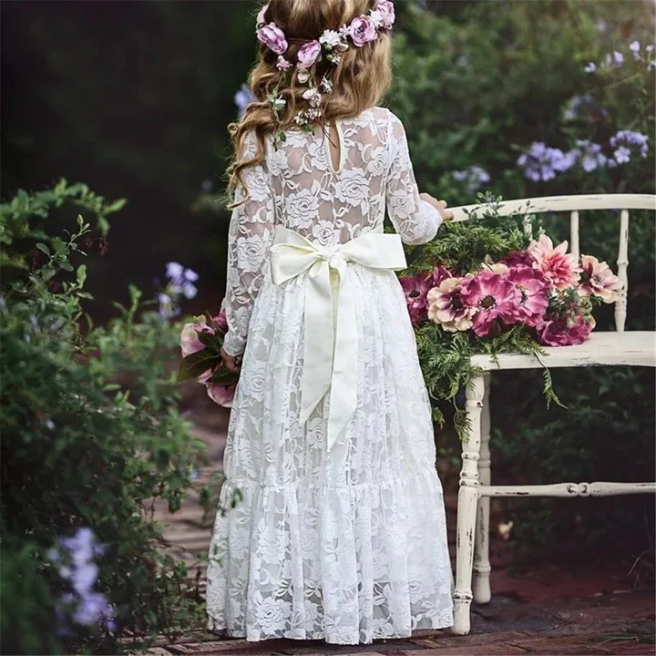 Xunbei-Robe à fleurs en dentelle pour demoiselle d'honneur, vintage, style bohème, à manches longues, pour demoiselles d'honneur juniors, première communion