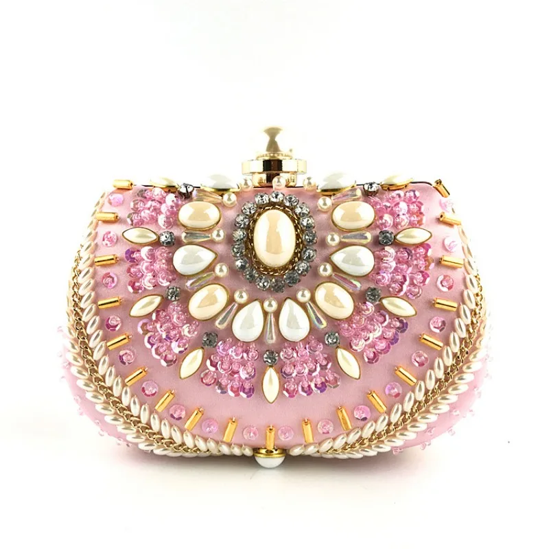 Sweet Pink Evening Purses for Form Parties Women Handmade Embroidered Beading Clutch Bags Fashion Pearl Prom Wedding Handbags