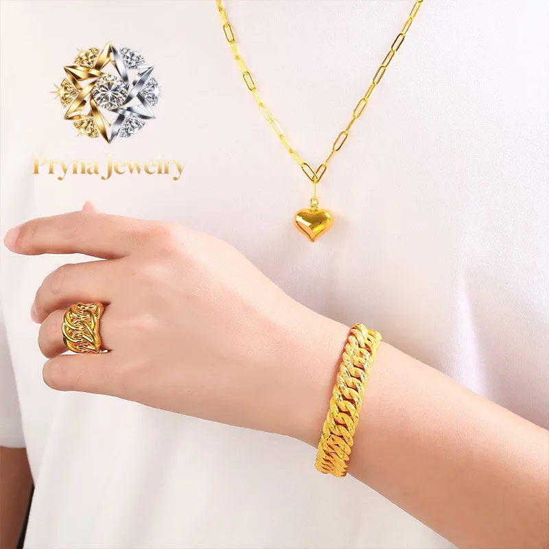 Pryna Jewelry  Heart Set (Necklace, Bracelet, Ring) for Women24K GoldAU999 | Matte heart trio with "LOVE" engraving, subtle eleg